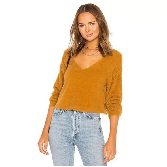 Free People Princess Sweater Gold Fuzzy Vneck Pullover S - Picture 1 of 5